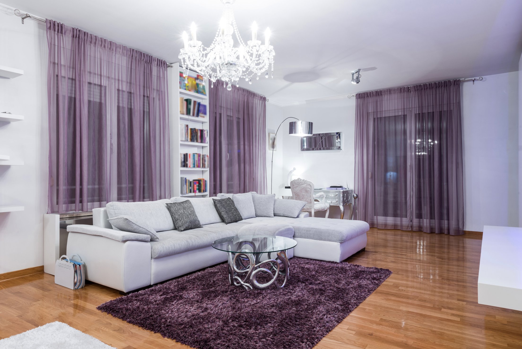 Modern apartment interior with purple furniture